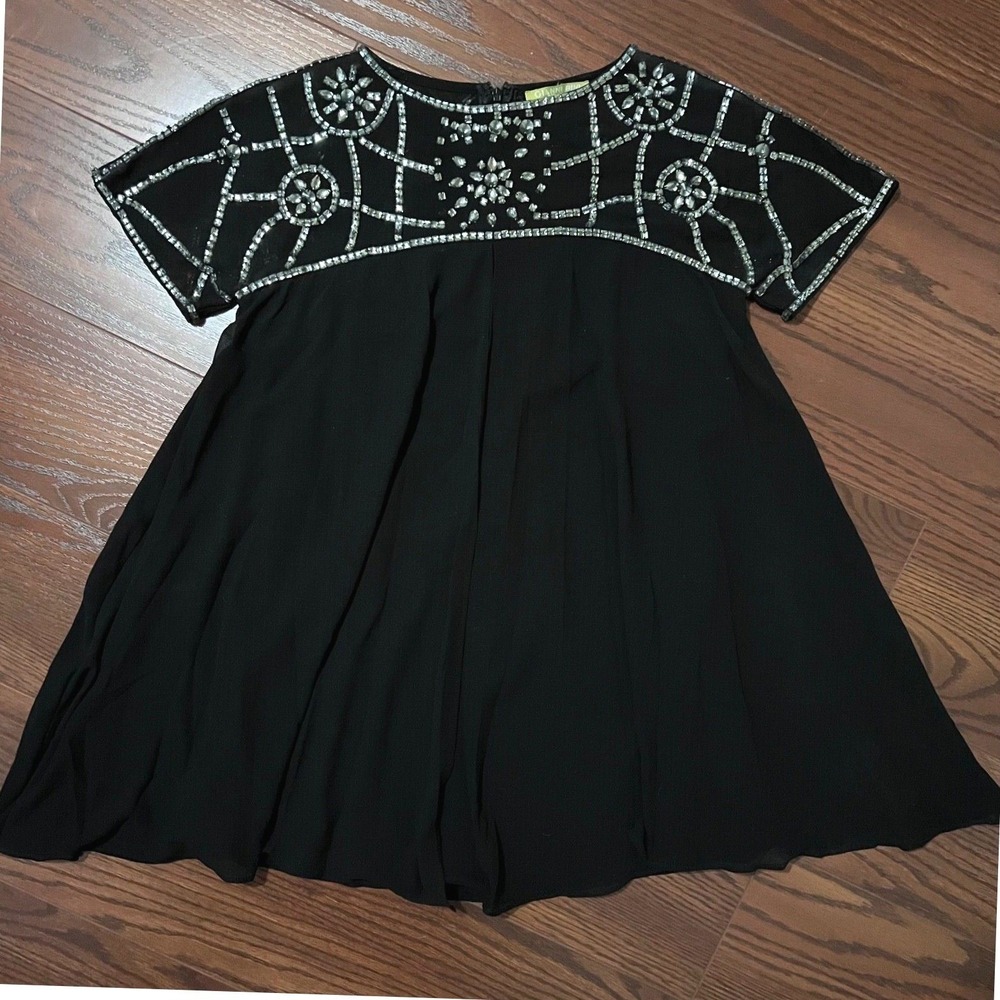 Gianni Bini Blouse Womens S Black Excellent Rhinestone Beaded Babydoll Top